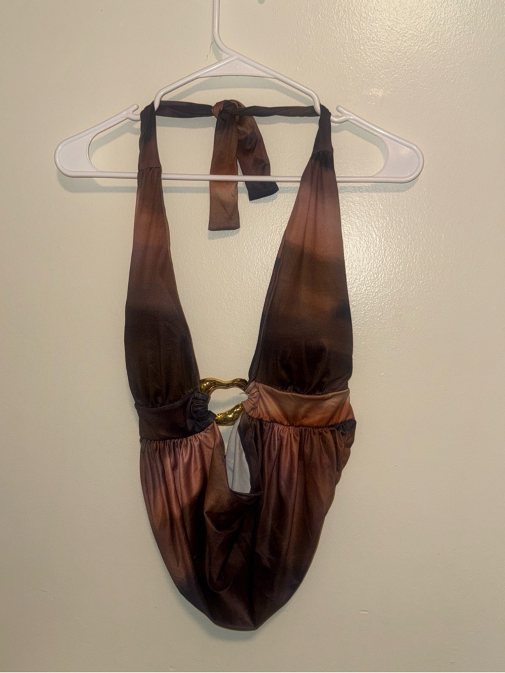 Brown Satin Halter One-Piece Swimsuit with Gold Ring